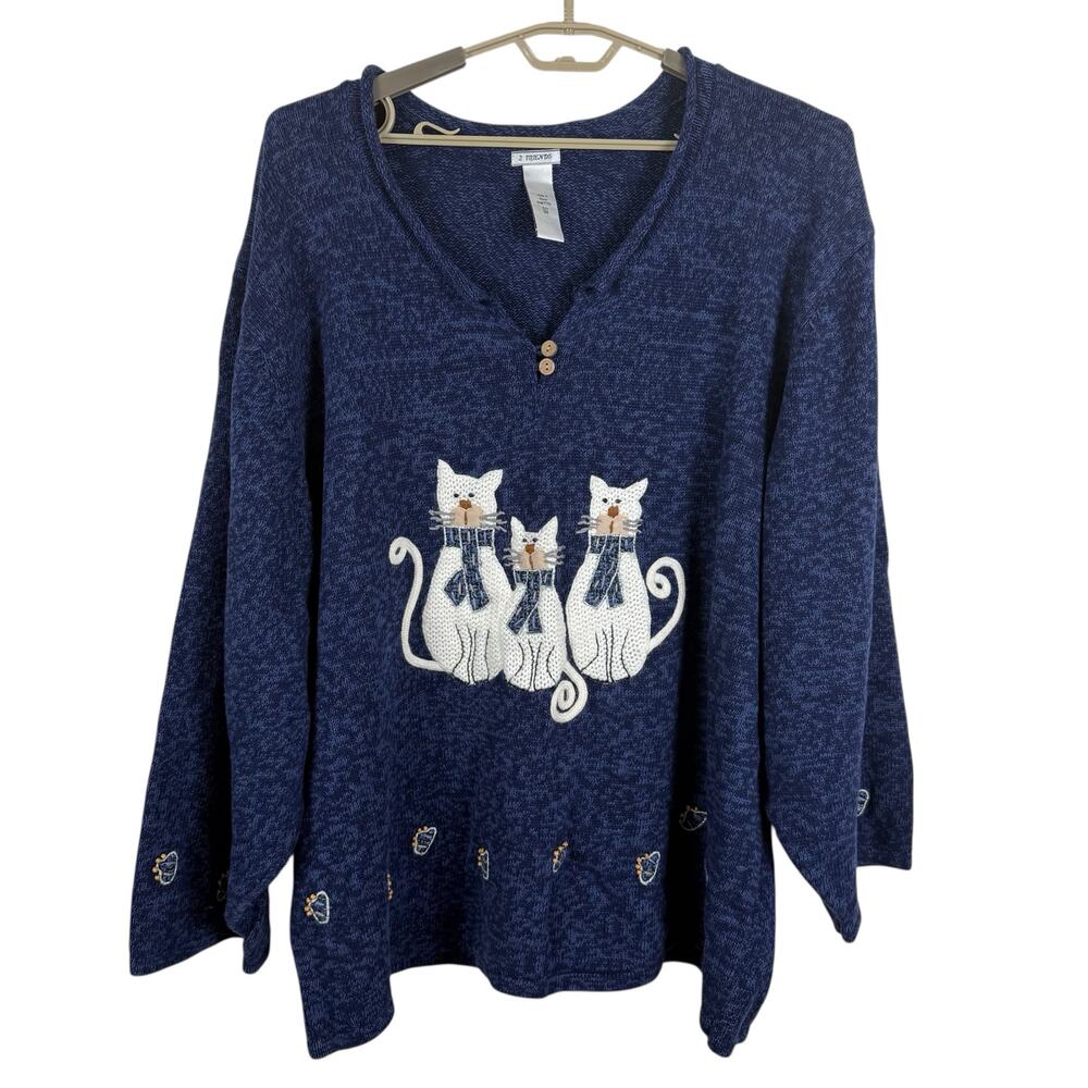 2 Friends Women Novelty Cat Sweater Size 3X Embroidered Beaded Pullover Artsy
